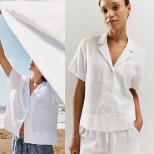 Quince White Linen Short Sleeve Shirt Women’s Size Large Button Front Top